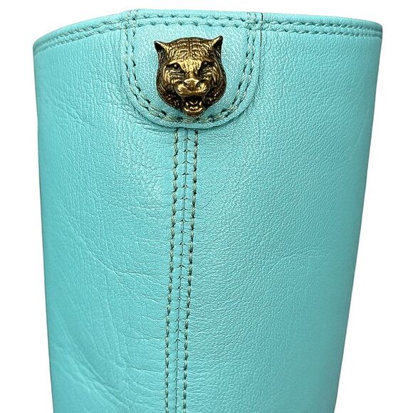 Gucci Aquamarine Teal Angel Feline Head Platform Knee High Zip Up Boot EU 36.5 - Picture 8 of 14